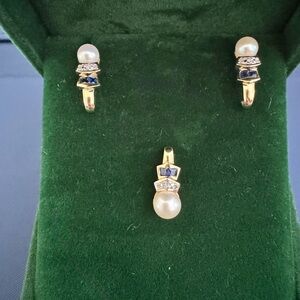 24K gold set sapphire, genuine pearl and diamond chip set